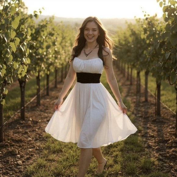 Speechless ✦ White & Black Halter Pleated Dress ✦ Formal Midi w/ Ruched Waist L - Picture 9 of 12